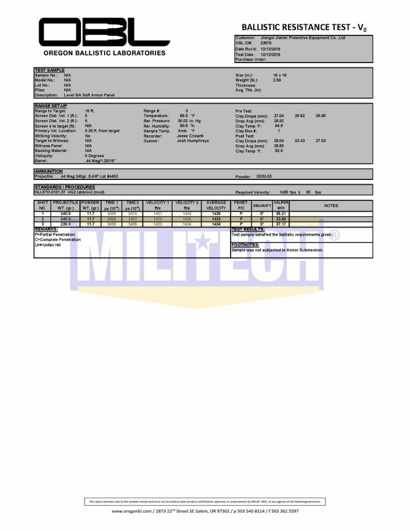 PE Ballistic Plate OBL NIJ 0101.07 HG2 Test Report 7